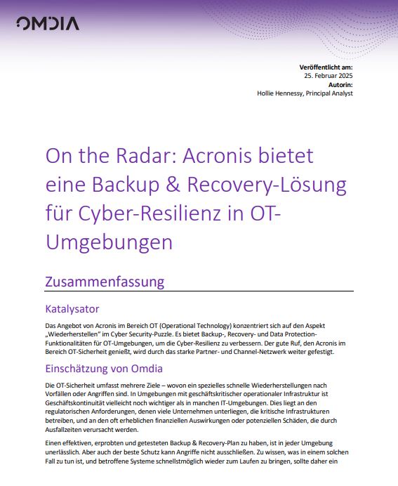 On the Radar: Acronis bietet eine Backup & Recovery-Lösung für Cyber-Resilienz in OT-Umgebungen
